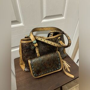 Double J Shoulder Leather Studded Tote Bag & Double Zipper Matching Wallet